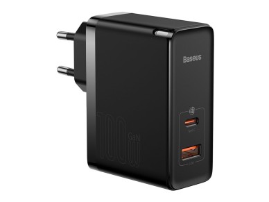 Cargador de pared Baseus GaN5 Pro PD 100W 1x USB-C 1x USB negro + USB-C - USB-C