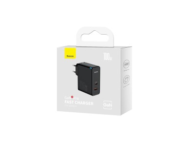 Cargador de pared Baseus GaN5 Pro PD 100W 1x USB-C 1x USB negro + USB-C - USB-C