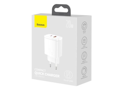 Cargador de pared Baseus Compact PD 20W 1x USB-C 1x USB blanco