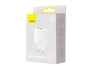 Cargador de pared Baseus Compact PD 30W 1x USB-C 2x USB blanco