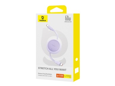 Cable de carga Baseus Free2Pull Mini USB-C a USB-C de 60 W y 1 m, color morado nebulosa