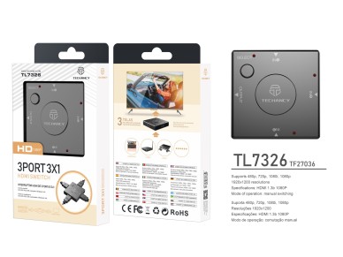 Concentrador HDTV Techancy de 3 puertos, TL7326, conmutaci�n de un toque, 1080p, negro