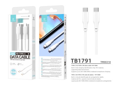 Techancy PD Data Cable 100W White 1m TB1791, High Power USB-C-USBC, Compatible with Laptop Computers