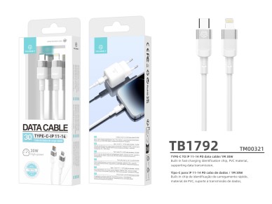 Cable de datos Techancy PD de 30 W, blanco, 1 m, TB1792, USB C-IPX/11/12-14, compatible con carga r&
