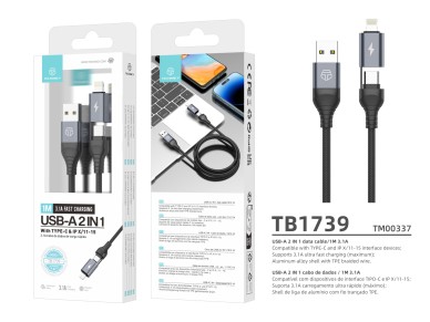 Techancy Cabo De Dados Usb 2 Em 1 Preto TB1739, Carregamento R�pido De 3,1 A, Tipo C/Lightning Em Am