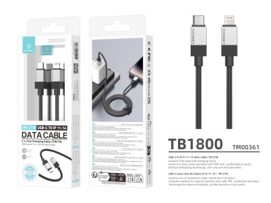 Cable de datos PD Techancy TB1800, 27 W, 1 m, negro, USB-C a Lightning, conector de aleación de