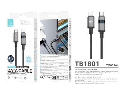 Cable USB-C a USB-C Techancy TB1801, 100 W, 1,5 m, negro, indicador LED de potencia, conector de alu