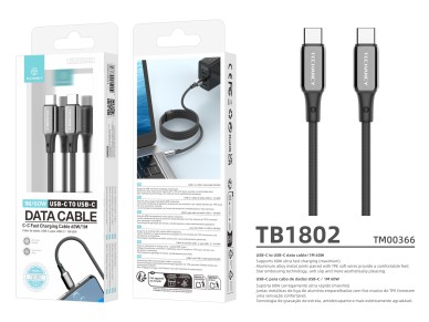 Techancy USB-C to USB-C Cable TB1802, 60W, 1m Black, Aluminum Connector, Non-Slip Design, Fast Trans