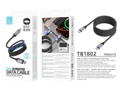 Cable magnético Techancy TB1802 USB-C a USB-C de 1 m y 60 W PD, compatible con carga de 30 W y 