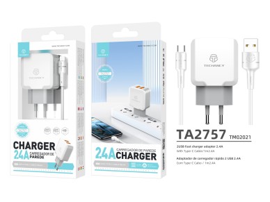 Techancy 2.4A Dual USB Port Wall Charger White TA2757 with 1m USB-Type-C Cable Set Techancy 2.4A Dual USB Port Wall Charger White TA2757 with 1m USB-Type-C Cable Set