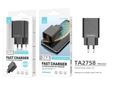 Techancy Carregador Usb 2.4A Preto  TA2758, 2usb Output, Chip Inteligente Integrado, Carregamento Si