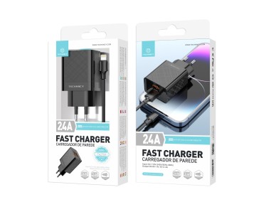 Techancy Carregador Usb 2.4A Preto  TA2759, Kit De Cabos Ip7/X/11-14, 1m 2.4A, Chip Inteligente Inco