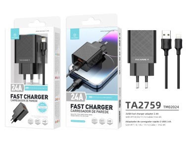 Techancy Carregador Usb 2.4A Preto  TA2759, Kit De Cabos Ip7/X/11-14, 1m 2.4A, Chip Inteligente Inco