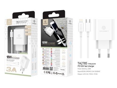 Techancy 18W PD Charger TA2785, USB-C to Lightning Cable Set, 3A Fast Charging, Compact and Portable