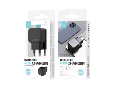Techancy Fast Charger 43W Black TA2813, Dual Port PD+USB, Compatible with IP8-16 and Android Devices