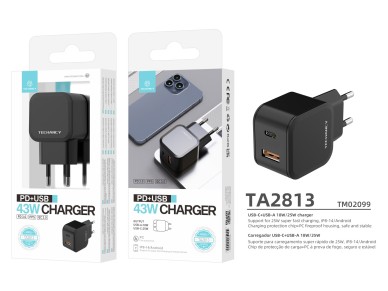 Techancy Fast Charger 43W Black TA2813, Dual Port PD+USB, Compatible with IP8-16 and Android Devices