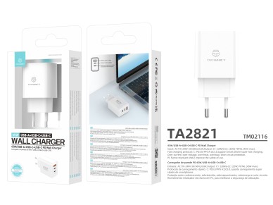Techancy Carregador USB-A+USB-C+USB-C TA2821, 45W PD, SaIda M�ltipla, Design Portatil, CompatIvel co