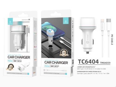Techancy Carregador De Autom�vel 38w  TC6404, Carregamento R�pido Pd3.0+Qc3.0, Conjunto De Cabos Usb
