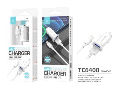 Techancy Carregador De Autom�vel Mini  TC6408, Carregamento 2usb 2.4A, Kit De Dados Com Cabo Usb-Lig