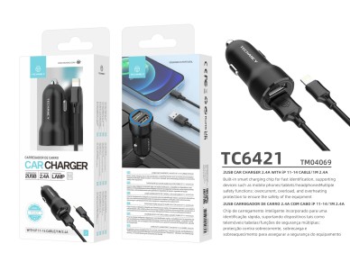 Techancy Carregador de Carro 2USB 2.4A com Cabo iP 11-14/1M TC6421 Preto, Carregamento R�pido, M�lti