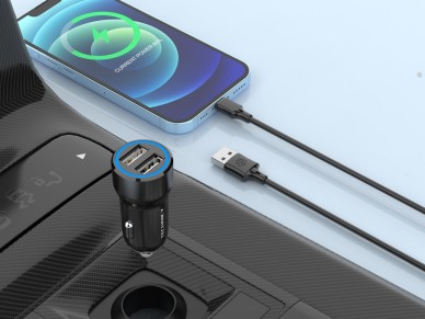Techancy Carregador de Carro 2USB 2.4A com Cabo iP 11-14/1M TC6421 Preto, Carregamento R�pido, M�lti