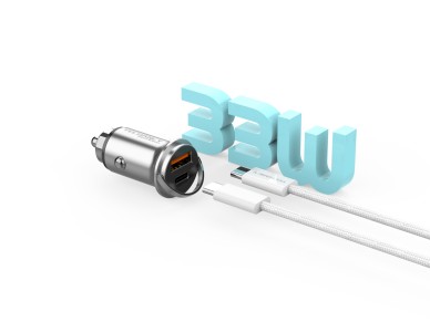 Techancy Mini Carregador TC6426, 33W, USB-A+USB-C, com Cabo USB-C para USB-C de 1m, Liga de AlumInio