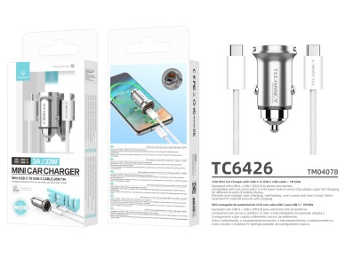 Techancy Mini Carregador TC6426, 33W, USB-A+USB-C, com Cabo USB-C para USB-C de 1m, Liga de AlumInio