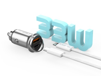 Techancy Mini Carregador TC6426, 33W, USB-A+USB-C, com Cabo USB-C para Lightning de 1m, Liga de Alum