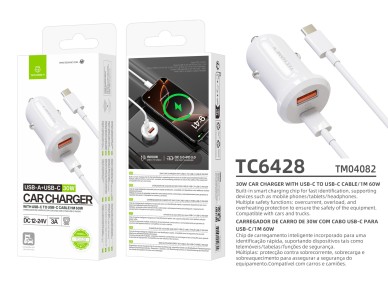 Cargador Techancy TC6428 de 30 W, cable USB-C, carga r�pida, protecci�n m�ltiple, compatible con veh