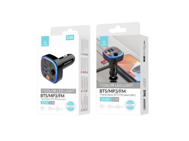 Transmisor FM para coche Techancy TE0866, Bluetooth, MP3, 2 USB, 3.1 A, luz LED de 7 colores, para 1