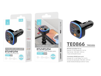 Transmisor FM para coche Techancy TE0866, Bluetooth, MP3, 2 USB, 3.1 A, luz LED de 7 colores, para 1