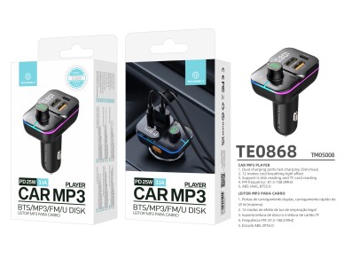 Transmisor FM para coche Techancy TE0868, carga rápida PD de 25 W, reproducción de MP3, LE