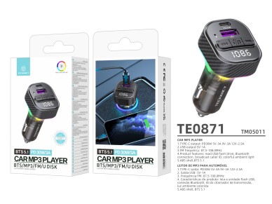 Techancy Leitor De Mp3 Para Autom�vel TE0871, Carregamento R�pido Pd De 30 W, Bluetooth 5.1, Leds A 