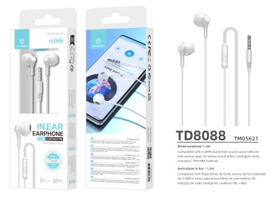 Techancy Auscultadores Intra-Auriculares 1,2 M Brancos TD8088, 3,5 Mm Com Microfone, Auscultadores C