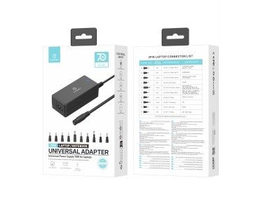 Techancy TL7344 Universal Power Adapter for Laptops, with 70W Power, 10 Connectors and Overcurrent a