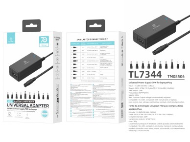 Techancy TL7344 Universal Power Adapter for Laptops, with 70W Power, 10 Connectors and Overcurrent a