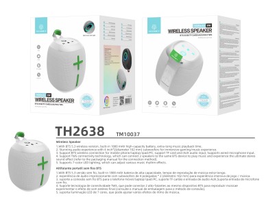 Techancy Altifalante Sem Fios Bluetooth Vers�o 5.3 TH2638, Suporte TWS/TF/AUX, Luz Ambiente Led Rgb 