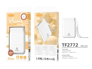 Techancy 6500mah Power Bank White TF2772, Mobile Phone/Tablet Charging Compatible with 2A, Portable 