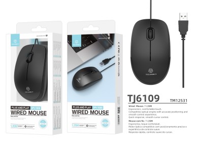 Ratón USB con cable Techancy negro TJ6109, 1,35 M Plug and Play, 1000 dpi, diseño ergon