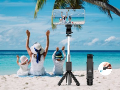 Techancy Mini selfie stick multifunções, TR6416, com controlo sem fios, suporte triangular, fácil de Techancy Mini selfie stick multifunções, TR6416, com controlo sem fios, suporte triangular, fácil de