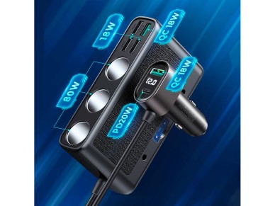 Carregador veicular Joyroom JR-CL06 9 em 1, 154 W, 5 portas USB-A / USB-C / 3 tomadas para isqueiro,