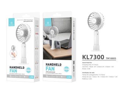 Techancy KL7300 White Handheld Portable Fan, Adjustable to 3 Speeds, with Stand for Use on a Desk