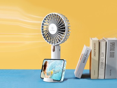 Techancy KL7304 White Handheld Portable Fan, Adjustable to 3 Speeds, with Stand for Use on a Desk