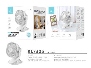 Techancy KL7305 White Clip-on Fan for Use on the Desk and in the Car, Internal Battery, USB Charging
