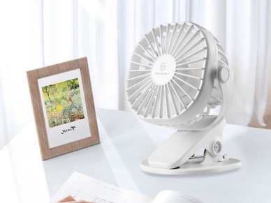 Techancy KL7305 White Clip-on Fan for Use on the Desk and in the Car, Internal Battery, USB Charging