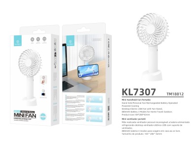 Ventilador USB Techancy KL7307 blanco con soporte, batería de litio recargable, 3 modos de velo