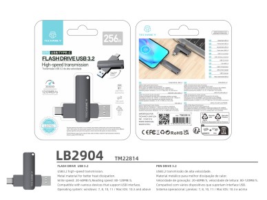 Techancy Unidade Flash Usb3.2 De Alta Velocidade LB2904, 256 GB, Conetor 2 Em 1 Tipo C E Usb-A, Comp
