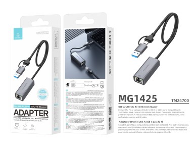 Adaptador Ethernet Techancy USB-A/USB-C a RJ-45 MG1425, compatible con sistemas Mac OS, iOS y Window