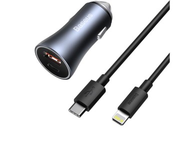 Cargador de coche Baseus Golden Contactor Pro 1x USB 1x USB-C QC 40W negro + cable Lightning - USB-C