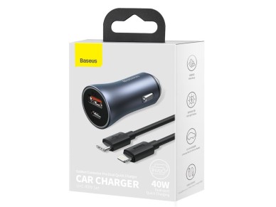 Cargador de coche Baseus Golden Contactor Pro 1x USB 1x USB-C QC 40W negro + cable Lightning - USB-C